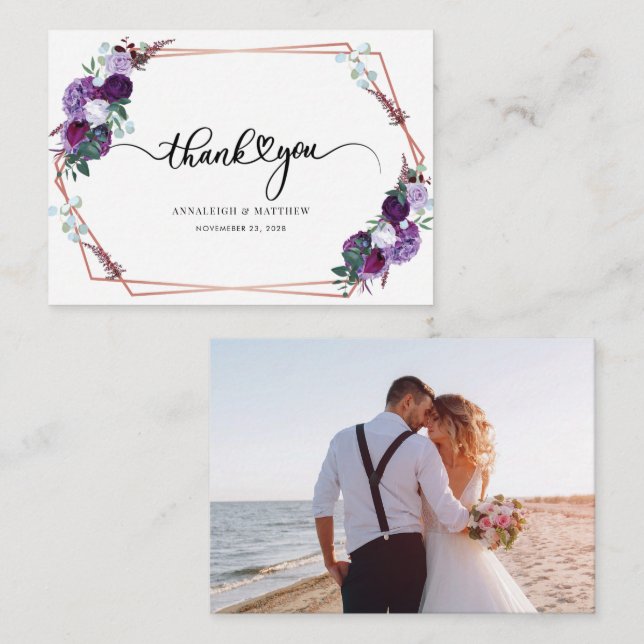 Budget Purple Floral Wedding Photo Thank You Card (Front/Back)