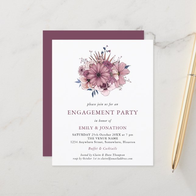 Budget Purple Florals Engagement Party Invitation (Front/Back In Situ)