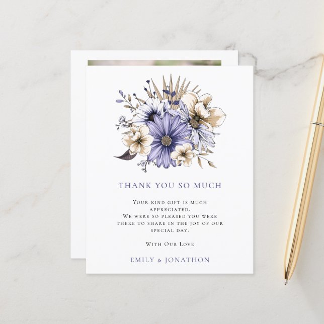 BUDGET Purple Florals Quote Wedding 3 Photo Thanks (Front/Back In Situ)