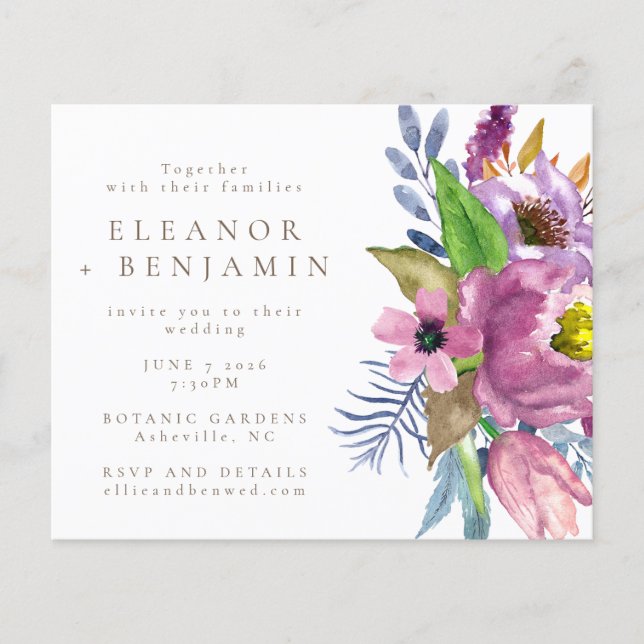 Budget Purple Garden Floral Wedding Invitation (Front)