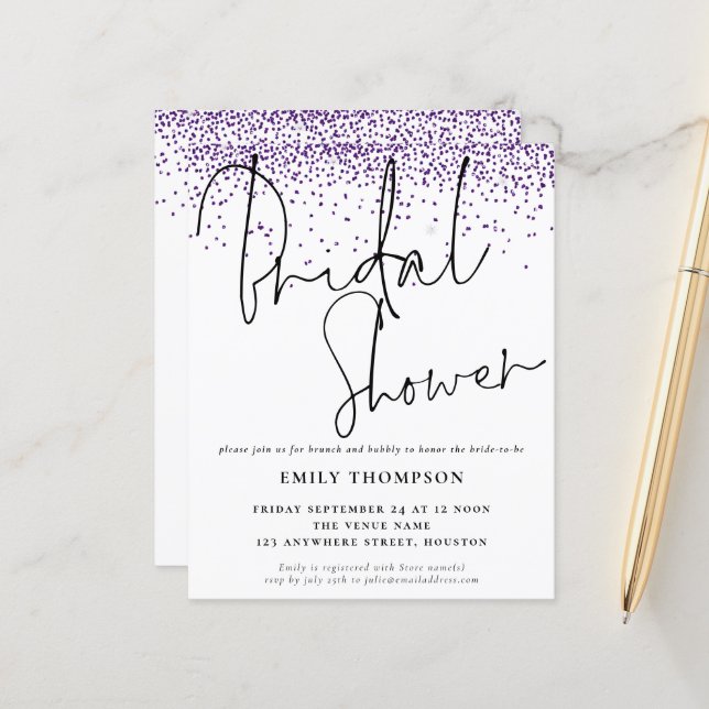 Budget Purple Glitter Bridal Shower Invitation (Front/Back In Situ)