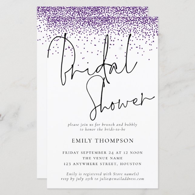 Budget Purple Glitter Bridal Shower Invitation (Front/Back)