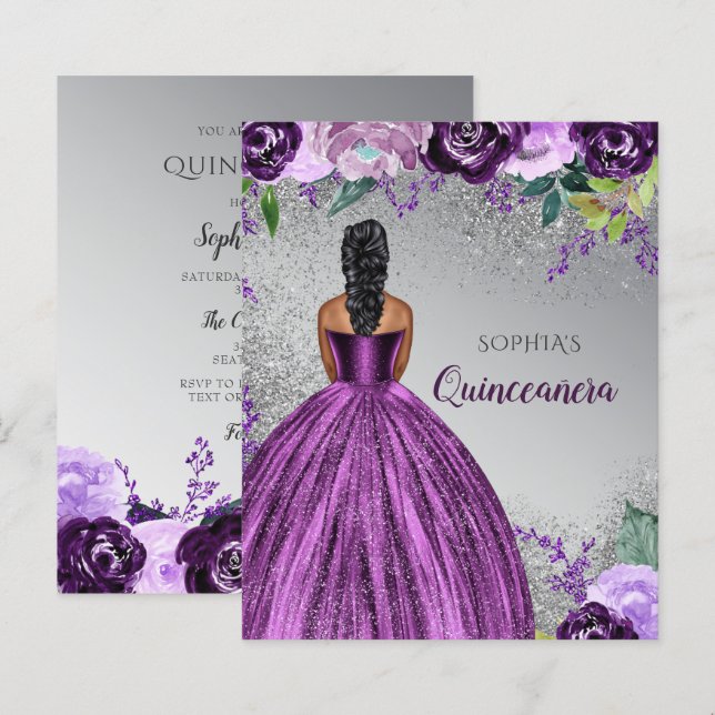 Budget Purple Glitter Dress Quinceañera Invitation (Front/Back)