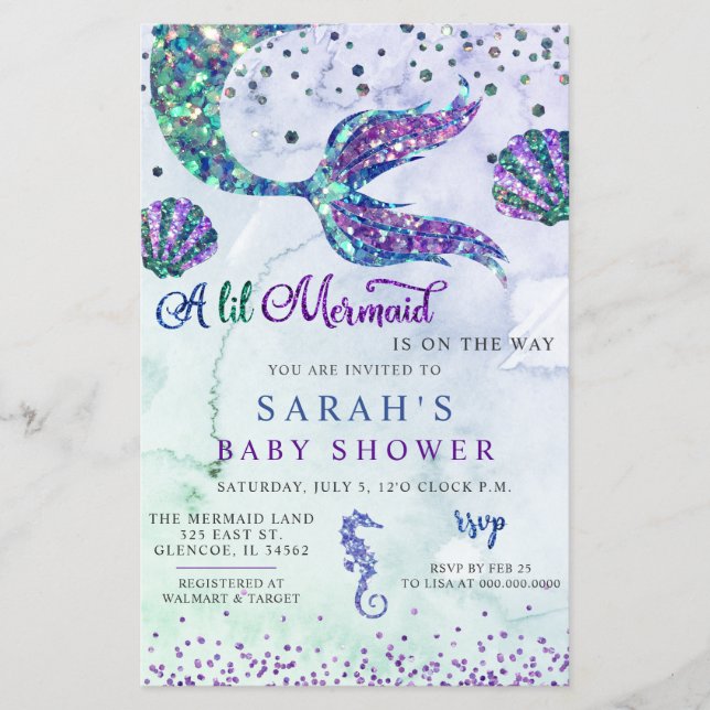 Budget Purple Glitter Mermaid Baby Shower Invite (Front)