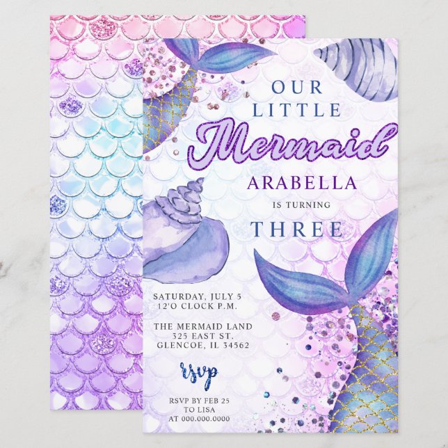 Budget Purple Glitter Mermaid Birthday Invitation (Front/Back)