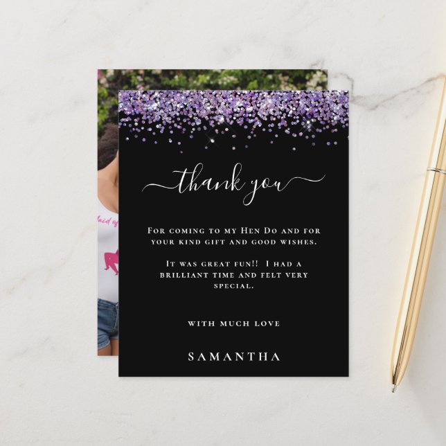 Budget Purple Glitter Photo Hen Party Black Thanks (Front/Back In Situ)