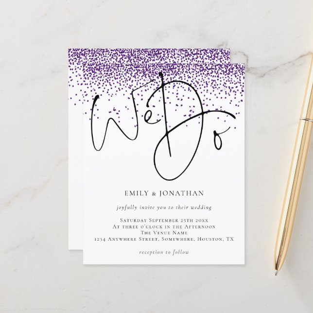 Budget Purple Glitter Script We Do Wedding Invite (Front/Back In Situ)