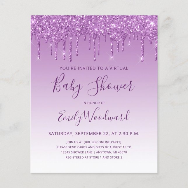 Budget Purple Glitter Virtual Baby Shower (Front)