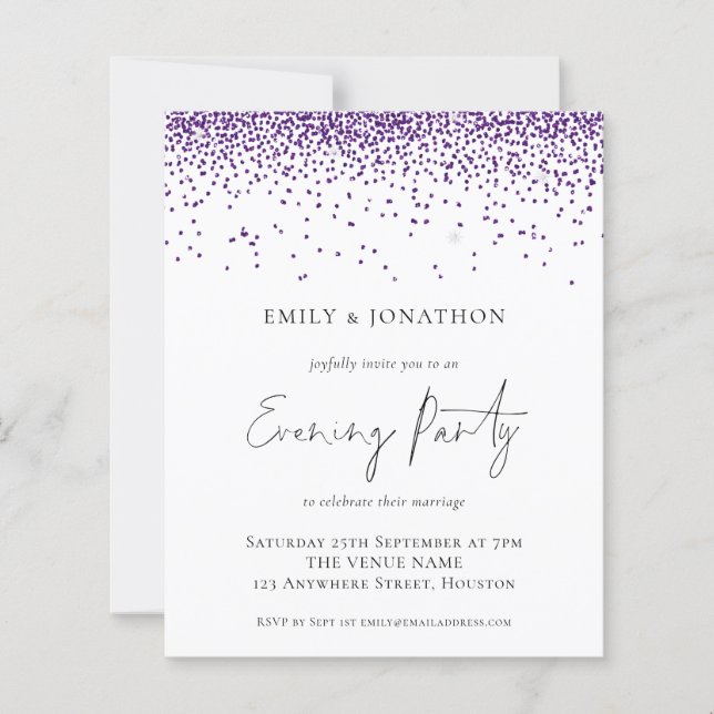 Budget Purple Glitter Wedding Evening Party Invite (Front)