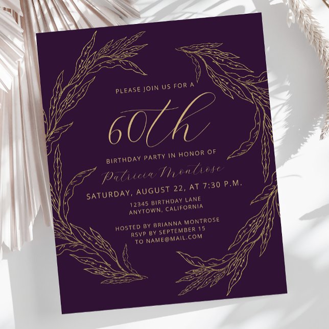 Budget Purple Gold 60th Birthday Invitation (Creator Uploaded)