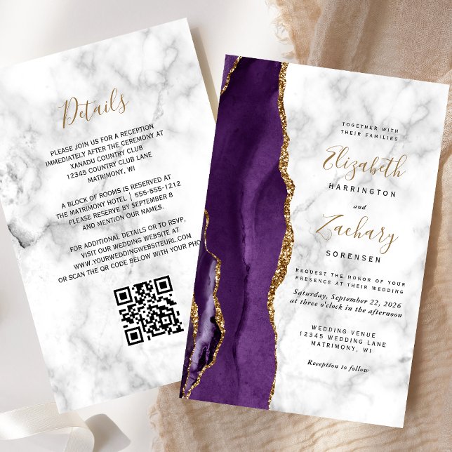 Budget Purple Gold Agate Marble QR Code Wedding (Creator Uploaded)