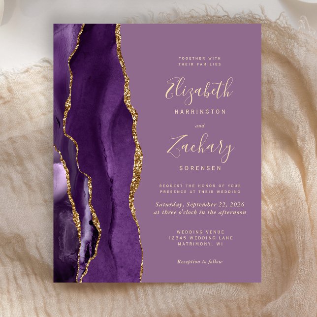 Budget Purple Gold Agate Mauve Wedding Invitation (Creator Uploaded)