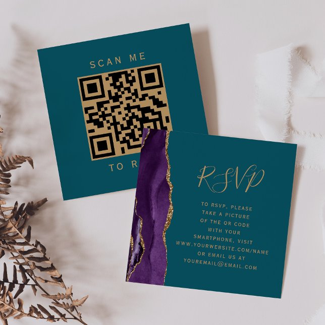 Budget Purple Gold Agate Teal Wedding QR Code RSVP Enclosure Card (Creator Uploaded)