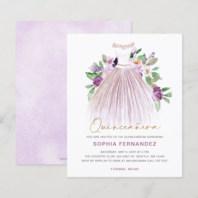 Budget Purple Gold Dress Quinceañera Invitation (Front/Back)