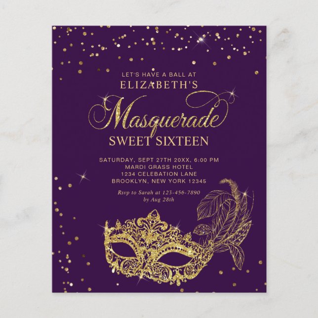 BUDGET Purple Gold Glitter Masquerade Sweet 16 (Front)