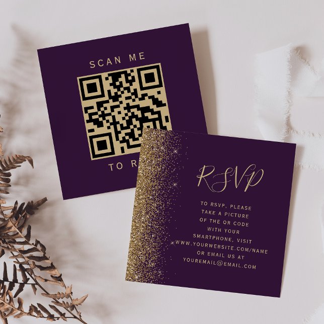 Budget Purple Gold Glitter Wedding QR Code RSVP Enclosure Card (Creator Uploaded)