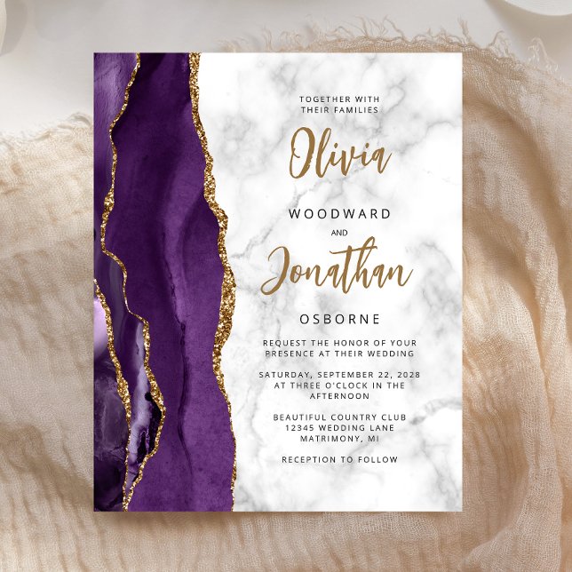 Budget Purple Gold Marble Agate Wedding Invite (Creator Uploaded)