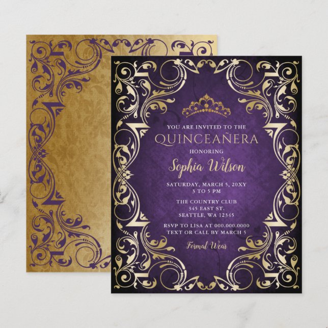 Budget Purple Gold Tiara Quinceañera Invitation (Front/Back)