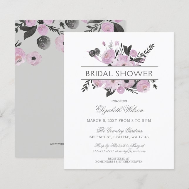 Budget Purple Grey Floral Bridal Shower Invitation (Front/Back)