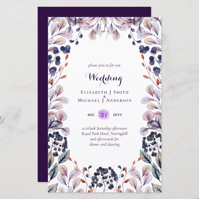 BUDGET Purple Lavender Feuilles mariage invite A9 (Devant / Derrière)