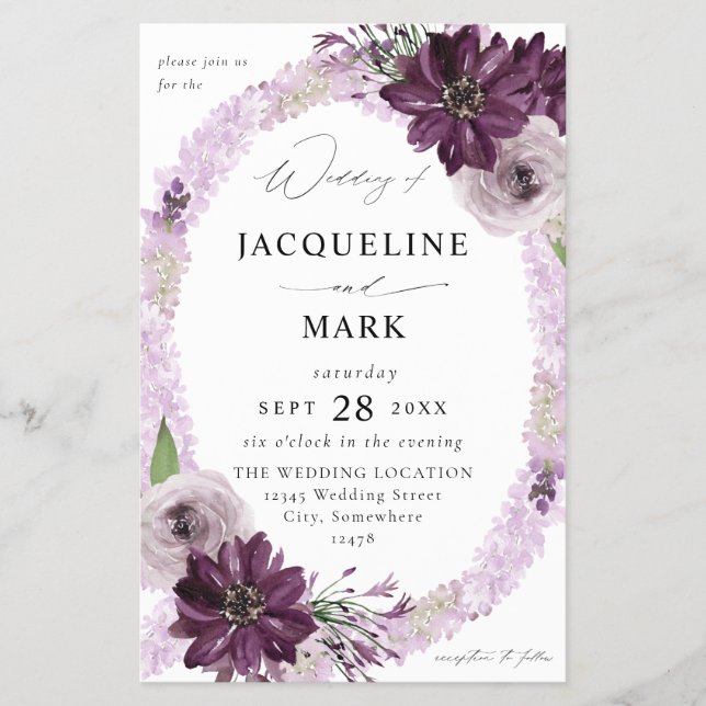 Budget Purple & Lavender Floral Ring Wedding MED Flyer (Front)