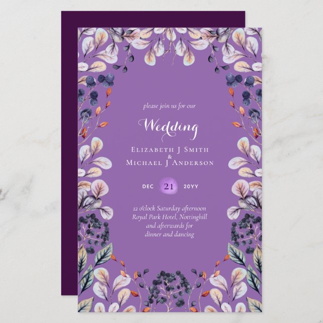BUDGET Purple Lavender Leaves Wedding Invites A9 (Front/Back)