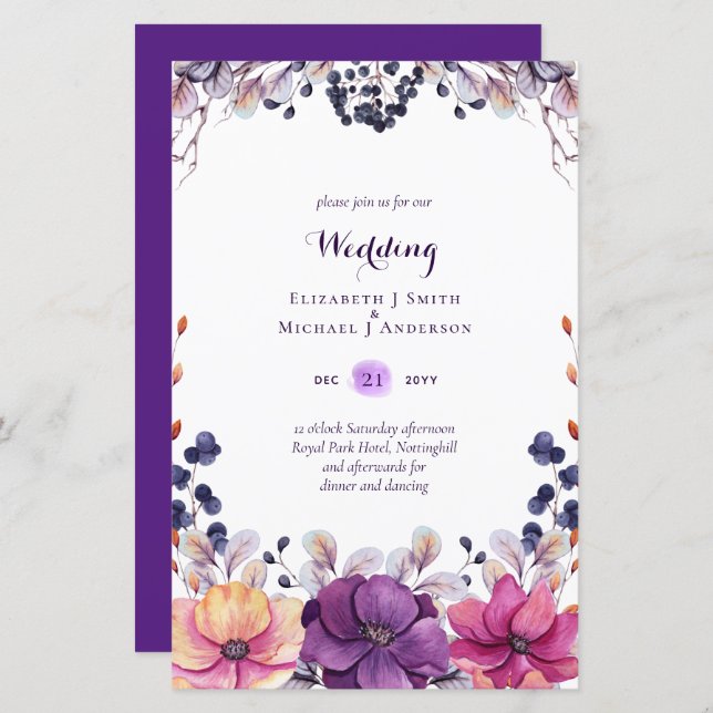 BUDGET Purple Lavender Leaves Wedding Invites A9 (Front/Back)