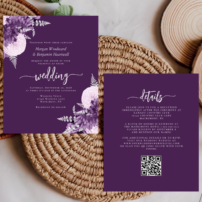 Budget Purple Lilac Silver Floral QR Code Wedding (Creator Uploaded)