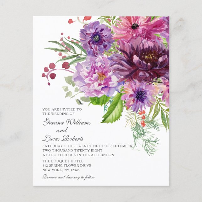 Budget Purple Monochrome Watercolor Floral Wedding Flyer (Front)