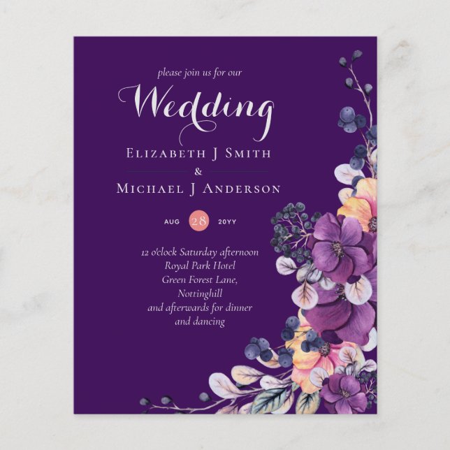 BUDGET Purple Orange Dusk Till Dawn Wedding INVITE (Front)