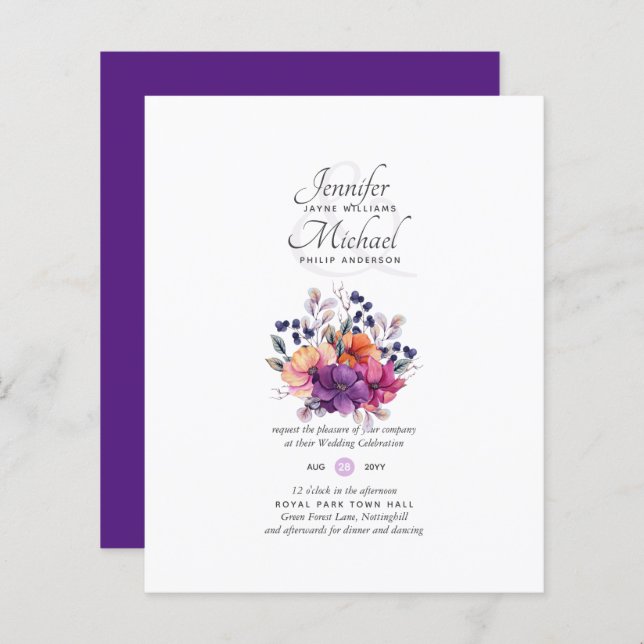 BUDGET Purple Orange Floral Wedding Invite (Front/Back)