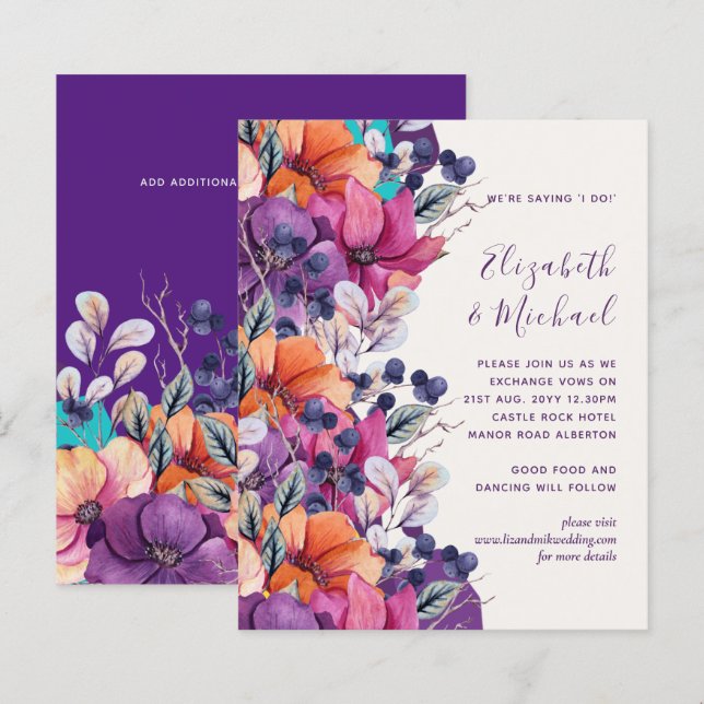 BUDGET Purple Orange Floral Wedding Invite (Front/Back)