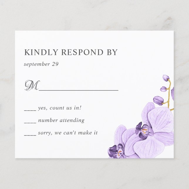 BUDGET Purple orchid chic Botanical Wedding RSVP (Front)