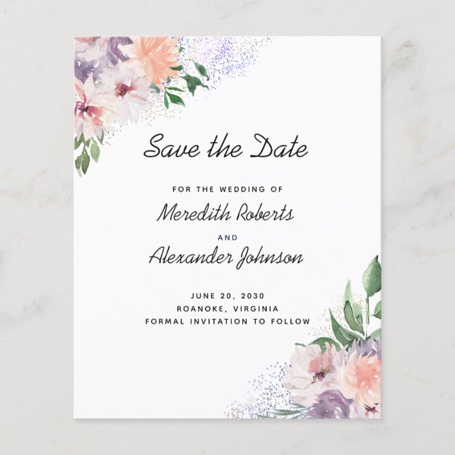 Budget Purple Peach Floral QR Code Save The Date (Front)