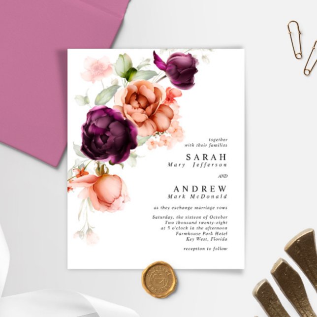 Budget Purple & Peach Flowers Wedding Invitation (Creator Uploaded)