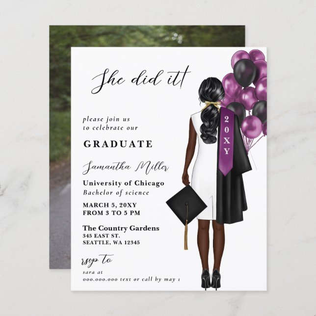 Budget Purple Photo She Did It Graduation Invite (Front/Back)