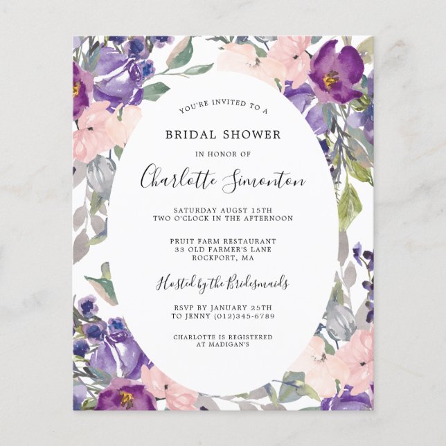 Budget Purple Pink Floral Bridal Shower Invitation (Front)