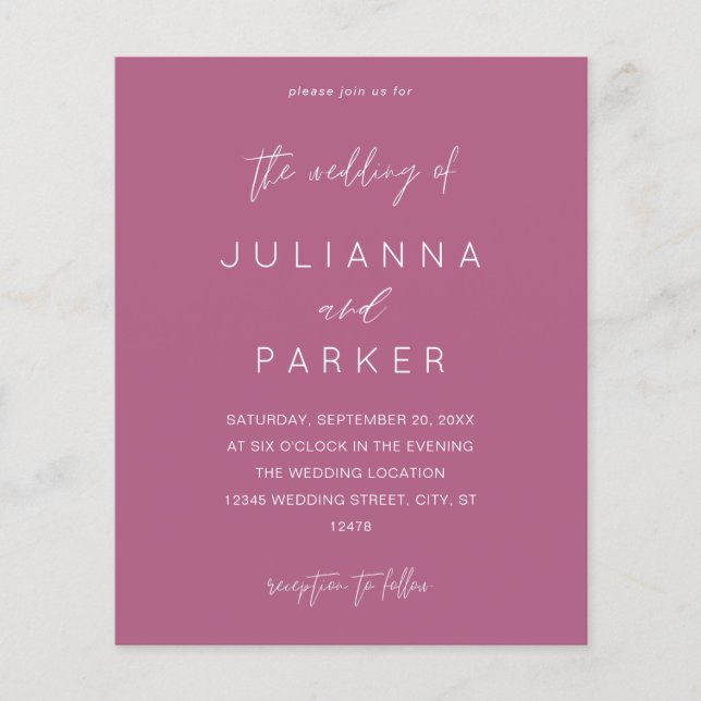 Budget Purple Pink MOD Calligraphy Wedding Flyer (Front)