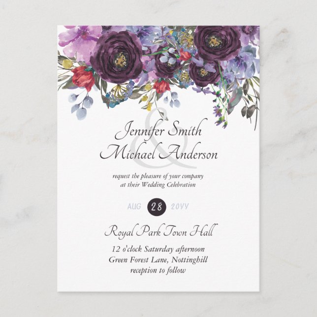 Budget Purple Plum Pink Floral Wedding Invitation Postcard (Front)