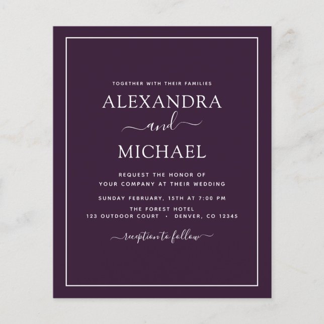 Budget Purple Plum Wedding Modern Typography Flyer (Front)