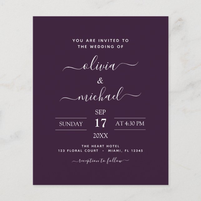 Budget Purple Plum Wedding with Photo Invitation Flyer (Front)