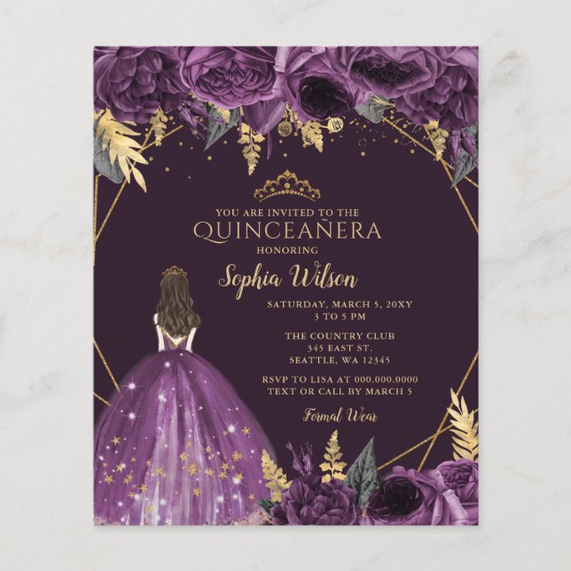 Budget Purple Princess Quinceañera Invitation (Front)