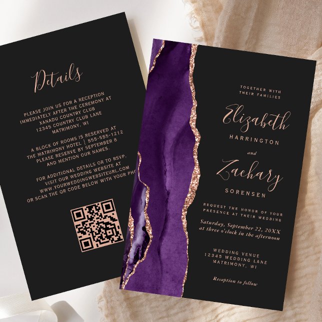 Budget Purple Rose Gold Agate Dark QR Code Wedding (Creator Uploaded)