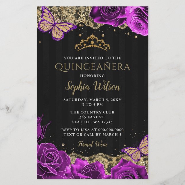 Budget Purple Roses Black Quinceañera Invitation (Front)