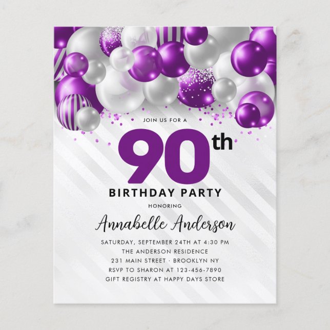 Budget Purple Silver Balloon Glitter 90th Birthday (Front)