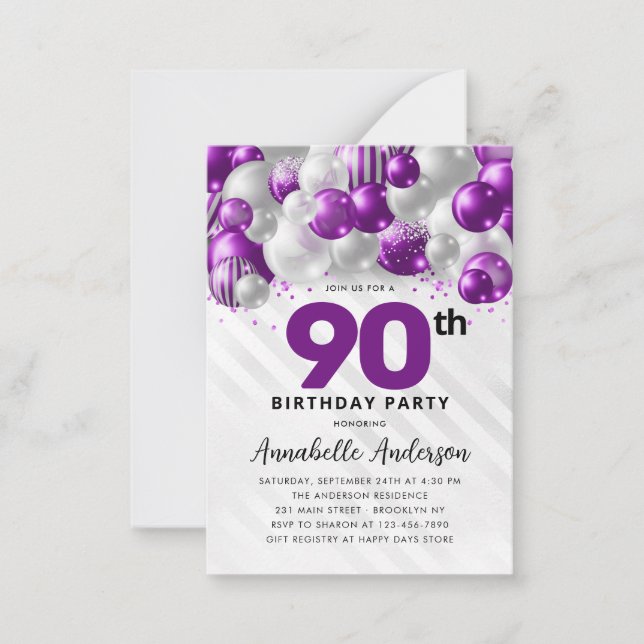 Budget Purple Silver Balloon Glitter 90th Birthday Card (Front)