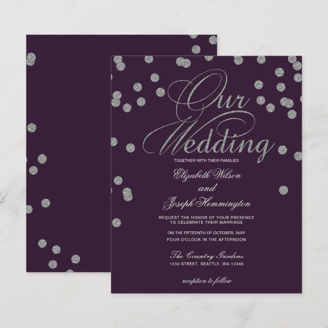Budget Purple Silver Confetti Wedding Invitation (Front/Back)