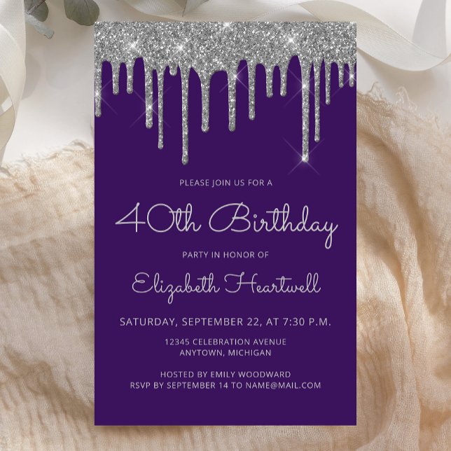 Budget Purple Silver Glitter 40th Birthday Invite (Creator Uploaded)