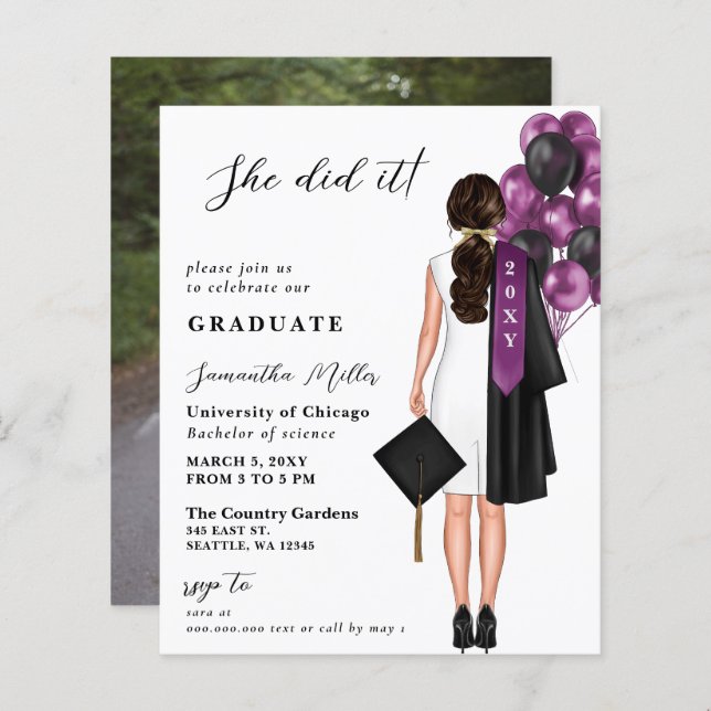 Budget Purple Simple Photo She Did It Graduation (Front/Back)