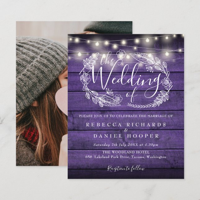 Budget Purple String Light Photo Wedding Invite (Front/Back)